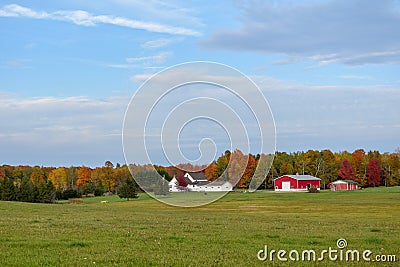 Farm With Colorful Autumn Trees Stock Photo
