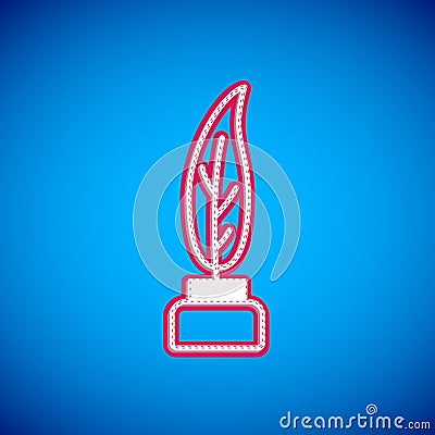 White Feather and inkwell icon isolated on blue background. Vector Stock Photo