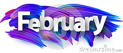 February banner with blue brush strokes. Vector Illustration