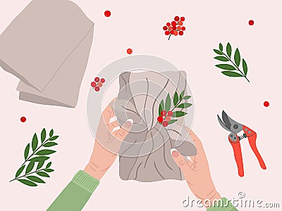 White female hands hold gift furoshiki. Top view eco-friendly packaging, holly berry, bay leaves. Eco Christmas and New Year Vector Illustration