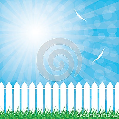 White fence and green grass on blue sky background Vector Illustration