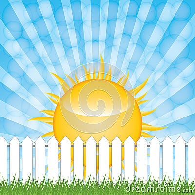 White fence and green grass on blue sky background Vector Illustration