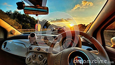 White Fiat 500 interior, morning photo Editorial Stock Photo