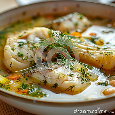 White Fish Mix Soup, Bouillabaisse, Cullen Skink, Ukha or Solyanka Closeup with Cod, Pike, Perch Stock Photo