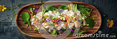 White Fish Peruvian Ceviche, Sea Perch Ceviche, Redfish Cebiche Closeup, Raw Rockfish Fillet Stock Photo