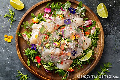 White Fish Peruvian Ceviche, Sea Perch Ceviche, Redfish Cebiche Closeup, Raw Rockfish Fillet Stock Photo