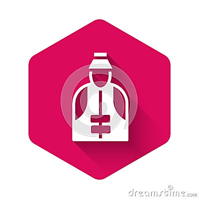 White Fisherman icon isolated with long shadow. Pink hexagon button. Vector Vector Illustration