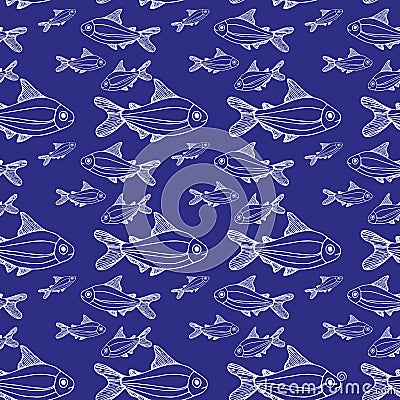 White fishes big and small pattern blue background Cartoon Illustration