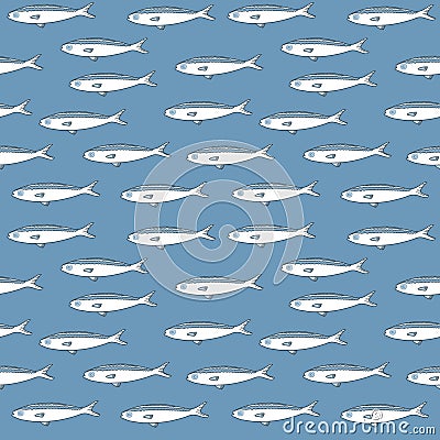 White fishes on blue background seamless pattern. Vector Illustration