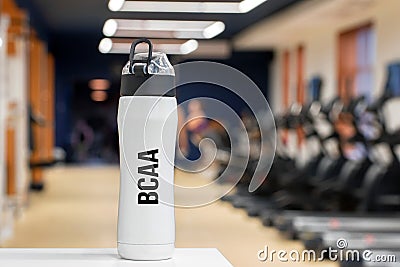 Plastic bottle or cup with Branched-chain amino acid drink close up Stock Photo