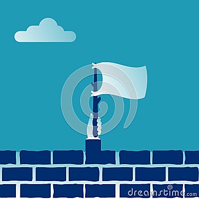 White flag holding in hand behind a brick wall. Flag surrender. Vector Illustration