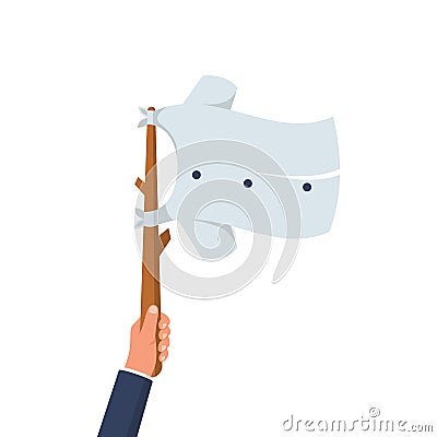 White flag holding in hand. Flag surrender. Man held up a white cloth on stick Vector Illustration