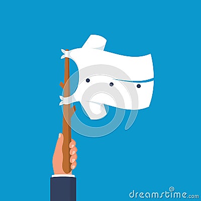 White flag holding in hand. Flag surrender. Man held up a white cloth on stick Cartoon Illustration
