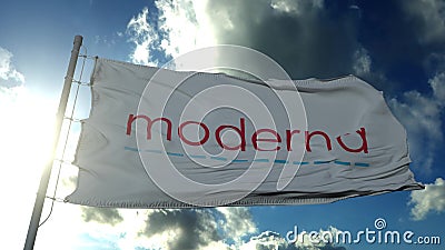 White flag with Moderna logo waving in the wind. Moderna is an american pharmaceutical company that has Editorial Stock Photo