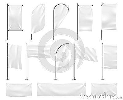 White flags set. Blank banner mockup empty waving fabric canvas poster pennant beach advertising flag vector template Vector Illustration