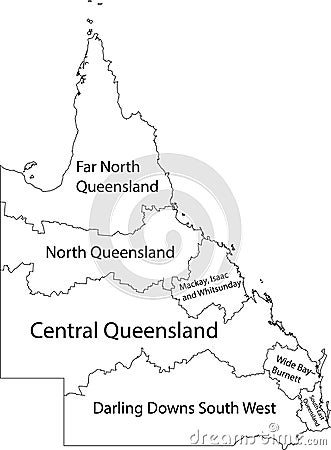 White tagged map of regions of QUEENSLAND, AUSTRALIA Vector Illustration