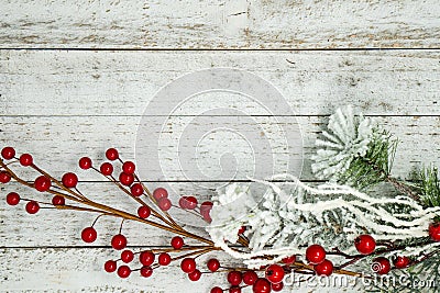 White flocked branches, twigs and berries, isolated on white wood background. Useful for Christmas and winter holiday backgrounds Stock Photo