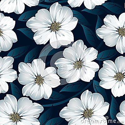 White floral seamless pattern with blue leaves Vector Illustration
