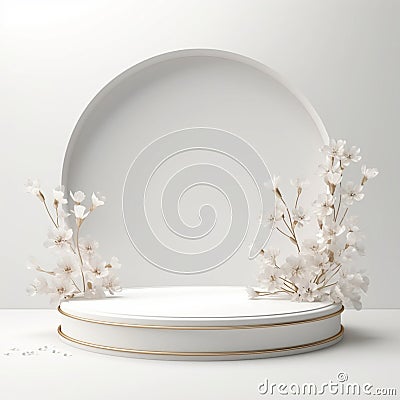 White flower background with Generative Ai for Valentine gold podium stand. Love Bouquet Wedding stage. Stock Photo