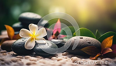 White flower black pebble stones and bokeh blurred green nature background spa environment Generative AI Illustration Stock Photo