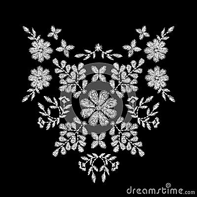 White flower embroidery artwork design for neckline clothing Vector Illustration