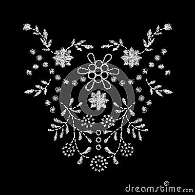 White flower embroidery artwork design for neckline clothing Vector Illustration