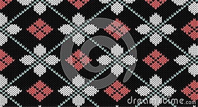 White flower and red geomatric on black knitted pattern Vector Illustration
