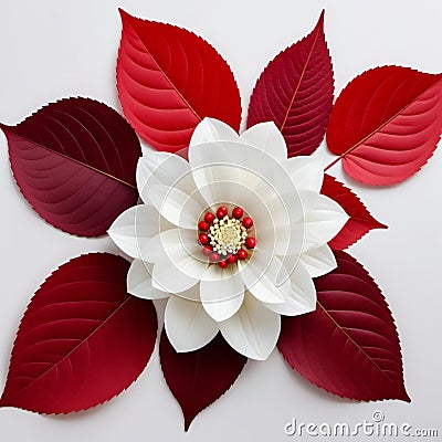 White flower and red leaves wall for background in vintage tone Stock Photo