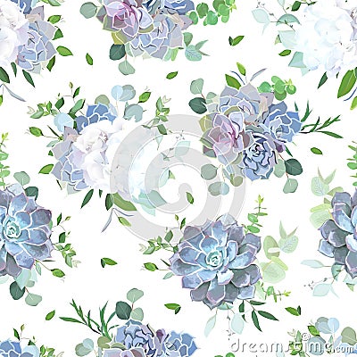 White flowers and blue, lilac succulents seamless vector design Vector Illustration