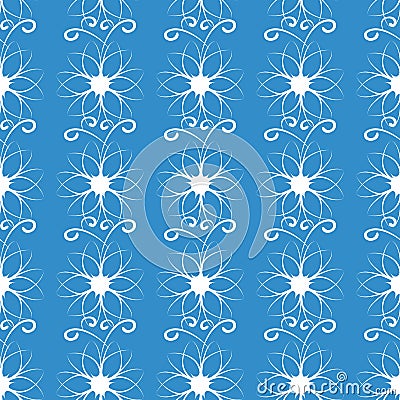 White flowers and curls on a blue background. Seamless pattern. Vector Illustration