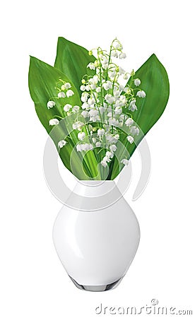 White flowers lilies of the valley in white vase isolated Stock Photo