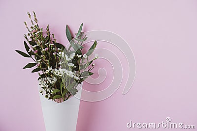 White flowers in paus tracing paper cone on pink background Stock Photo