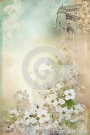 White flowers on sepia background with castle. Watercolor backdrope in pastel tones. Generative AI Stock Photo