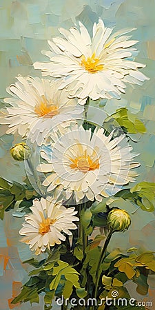 Vibrant Palette Knife Paintings Of White Daisy Flower Artwork On Sale Stock Photo