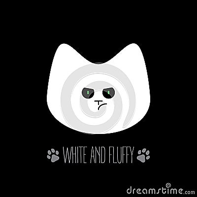 White and fluffy cat with green eyes. Kitten with a discontented face. Vector illustration for t-shirt print with cat footprints Vector Illustration