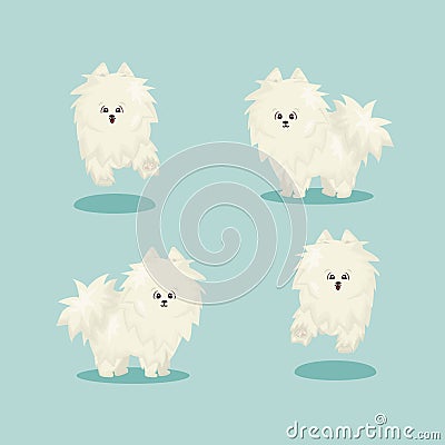White fluffy cute cartoon happy isolated vector flat dog on blue or green background stands and runs Vector Illustration
