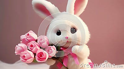 White fluffy cute rabbit with congratulatory bouquet of pink flowers on a light background Stock Photo