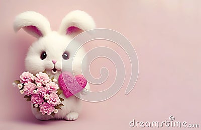 White fluffy cute rabbit with congratulatory bouquet of pink flowers on a light background Stock Photo