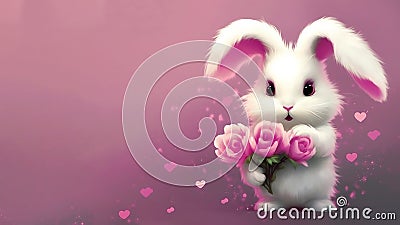 White fluffy cute rabbit with congratulatory bouquet of pink flowers on a light background Stock Photo