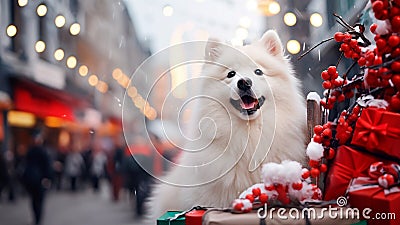 A white fluffy Samoyed dog sits on the street of a painted snowy Christmas city Stock Photo