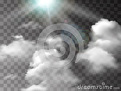 White fog texture isolated on transparent background. Steam special effect. Realistic vector fire smoke or mist Vector Illustration