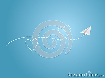 A white folded paper plane making love sign route on blue background to show happy travel emotion Vector Illustration