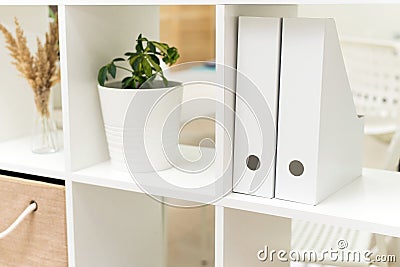 White folders for documents, plants in the office and boxes in a working open cupboard. Image of board with documents in office Stock Photo