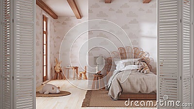 White folding door opening on children bedroom with wooden furniture, single bed, wallpaper, boho interior design, architect Stock Photo