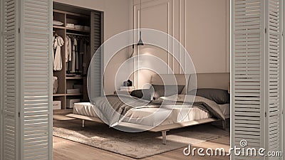 White folding door opening on classic bedroom in beige tones with walk-in closet, double bed with duvet and pillows, interior Stock Photo