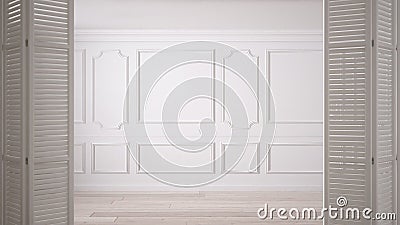 White folding door opening on classic empty space with stucco mouldings and parquet floor, vintage interior design Stock Photo