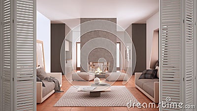 White folding door opening on cosy living room with sofa, carpet, table and pouf, concrete modern fireplace and walls, interior Stock Photo