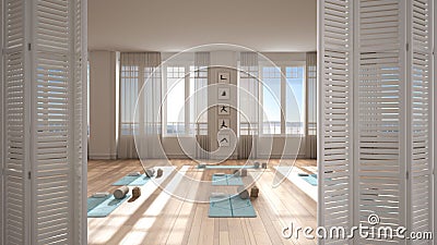 White folding door opening on empty yoga studio interior design, open space with mats, pillows and accessories, panoramic windows Stock Photo
