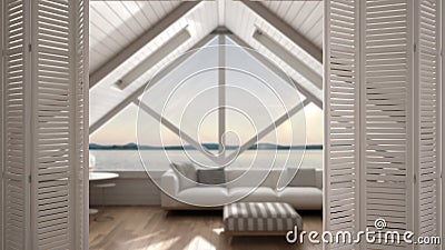 White folding door opening on modern mezzanine with panoramic window, white interior design, architect designer concept, blur back Stock Photo