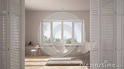 White folding door opening on modern minimalist living room with big window, spiral staircase, interior design Stock Photo